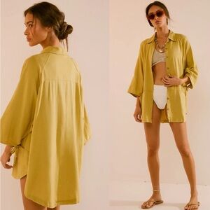 Free People Citron (Yellow) Take Me With You Linen Shirt, size M